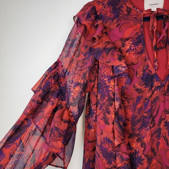 NEW Cinq a Sept Livie Floral Tiered Ruffle Chiffon Dress Dark Red Size 4 - Picture 7 of 13